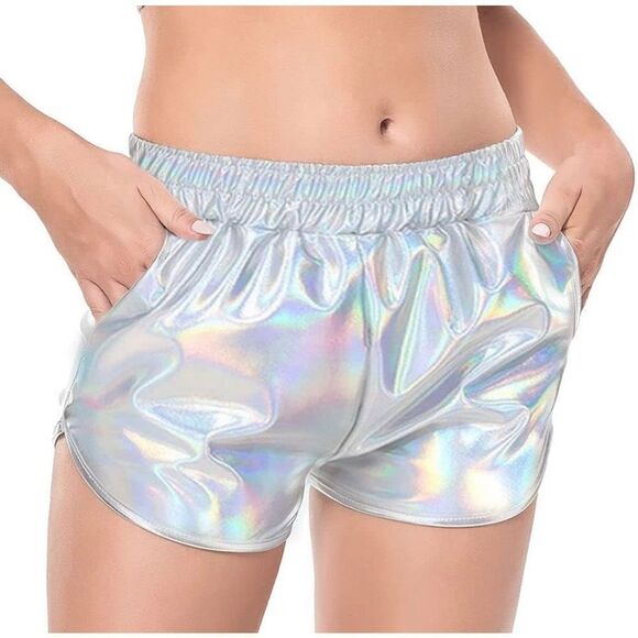 Women's Metallic Silver Elastic Waist Activewear Running Shorts Size Medium - Picture 1 of 5